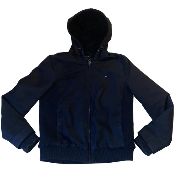 Tommy Hilfiger Womens Medium Black Faux Fur Lined Short Jacket Bomber Jacket EUC - Picture 5 of 10